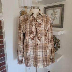 Lauren Ralph Lauren Plaid Ruffle Blouse 100% Cotton Large